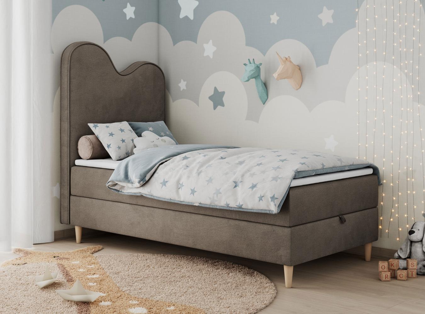 Kinderbett FLOW, Boxspringbett für Kinder, mit hohem Kopfteil, Einzelbett mit Matratze - 90x160 - Braun Velours - Topper T25 Bild 1