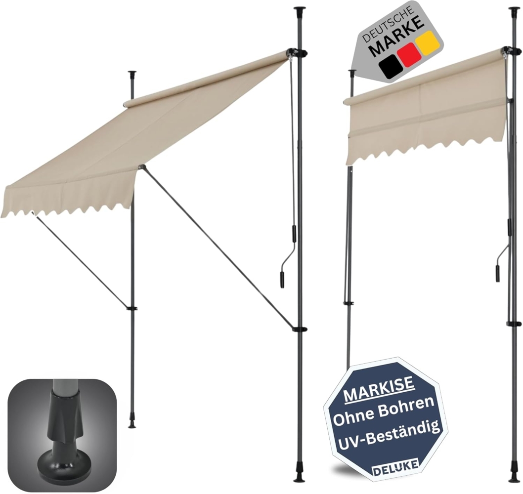 DELUKE® Klemmmarkise 250cm breit - mit Handkurbel Balkonmarkise ohne Bohren Sonnenschutz UV-beständig Sonnenmarkise höhenverstellbar Markise mit Gestell 250 x 120 x 200-300cm Beige Bild 1