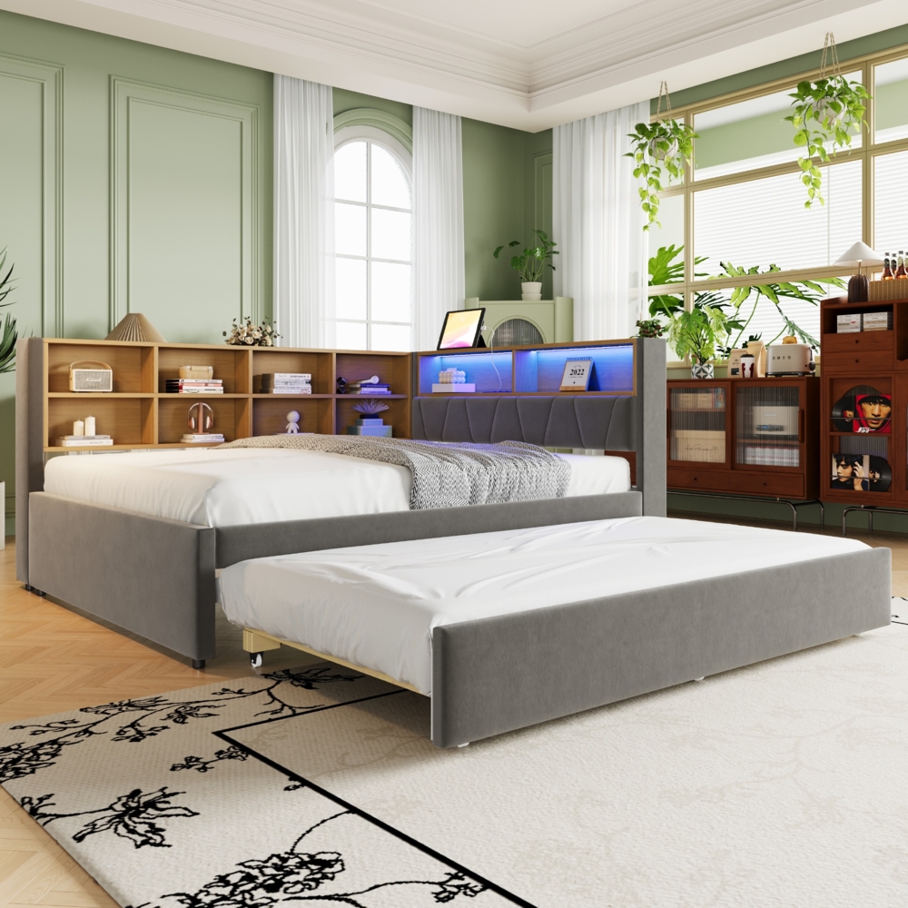 Schlafsofa, Ausziehbett 90*190, ausgestattet mit LED Leuchten, Steckdosen und vielen Ablagefächern, Polsterbett, Multifunktionsschlafsofa, Einzelbett, Flanell, Dunkelgrau, 140 x 200 Bild 1