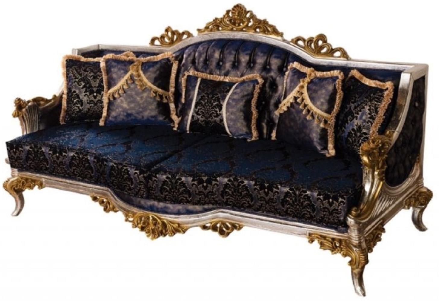 Casa Padrino Luxus Barock Sofa Royalblau / Schwarz / Silber / Gold - Prunkvolles Wohnzimmer Sofa mit elegantem Muster - Barock Wohnzimmer Möbel Bild 1