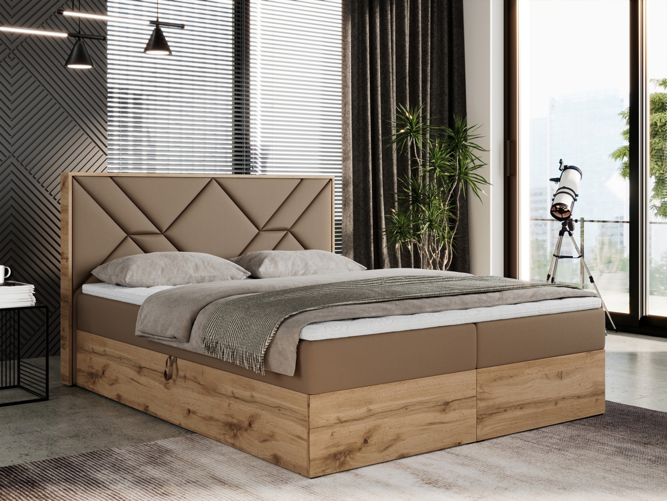 Boxspringbett mit Kopfteil und Topper, Polsterbett - GUNAR - 140 x 200 cm - Braun Kunstleder - H3 - Topper T25 Bild 1