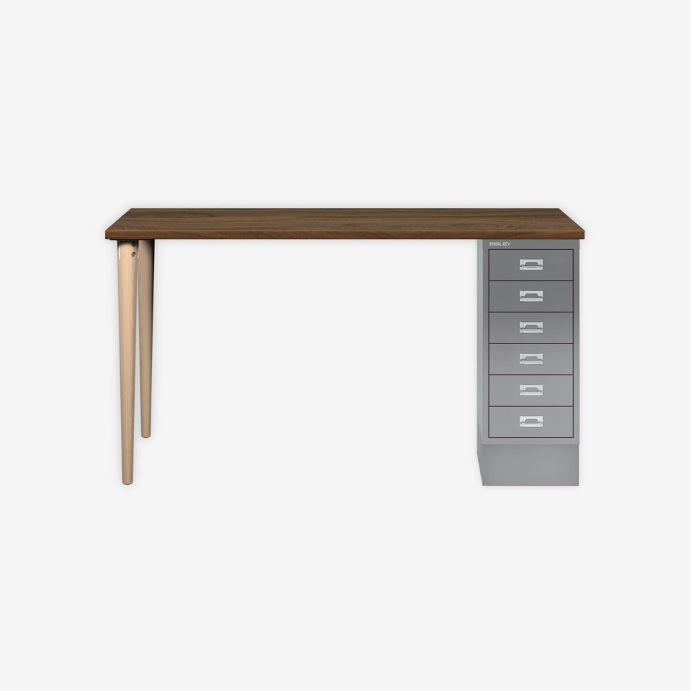 MultiDesk, 2 Eichenfüße, 1 MultiDrawer mit 6 Schüben, Dekor Nussbaum, Farbe Silber, Maße: H 740 x B 1400 x T 600 mm Bild 1