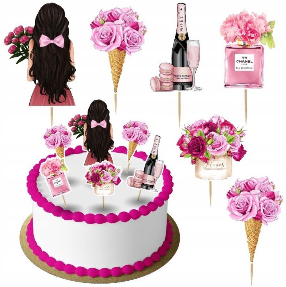 Festivalartikel Tortenstecker Mädchen Blumen Rosa Topper Set 6 Stk Geburstag Torten Deko Kuchen Frau Bild 1