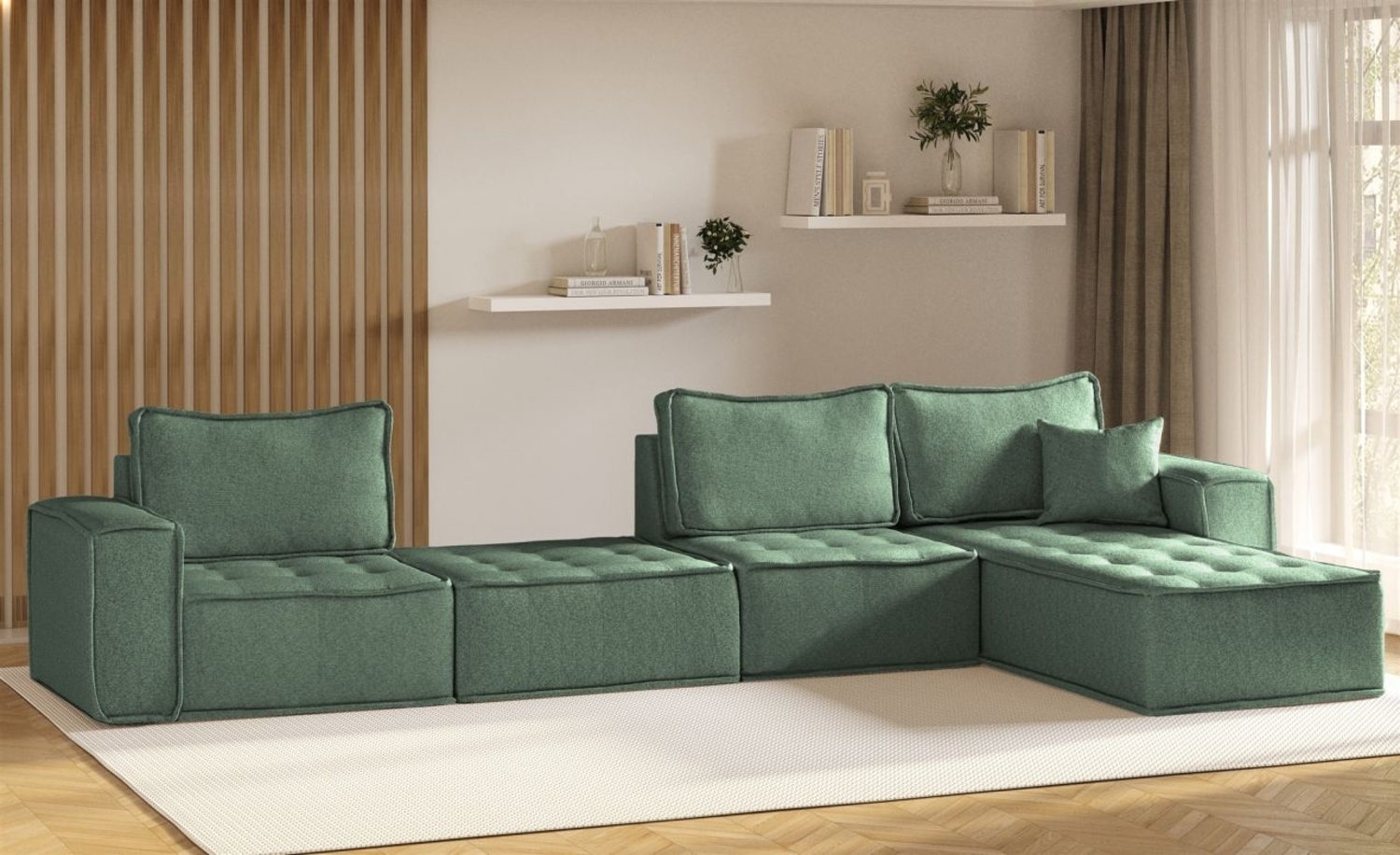 Ecksofa Modulsofa 4-teilig SANDE XL Stoff Raven Flaschengrün Ottomane Rechts Bild 1