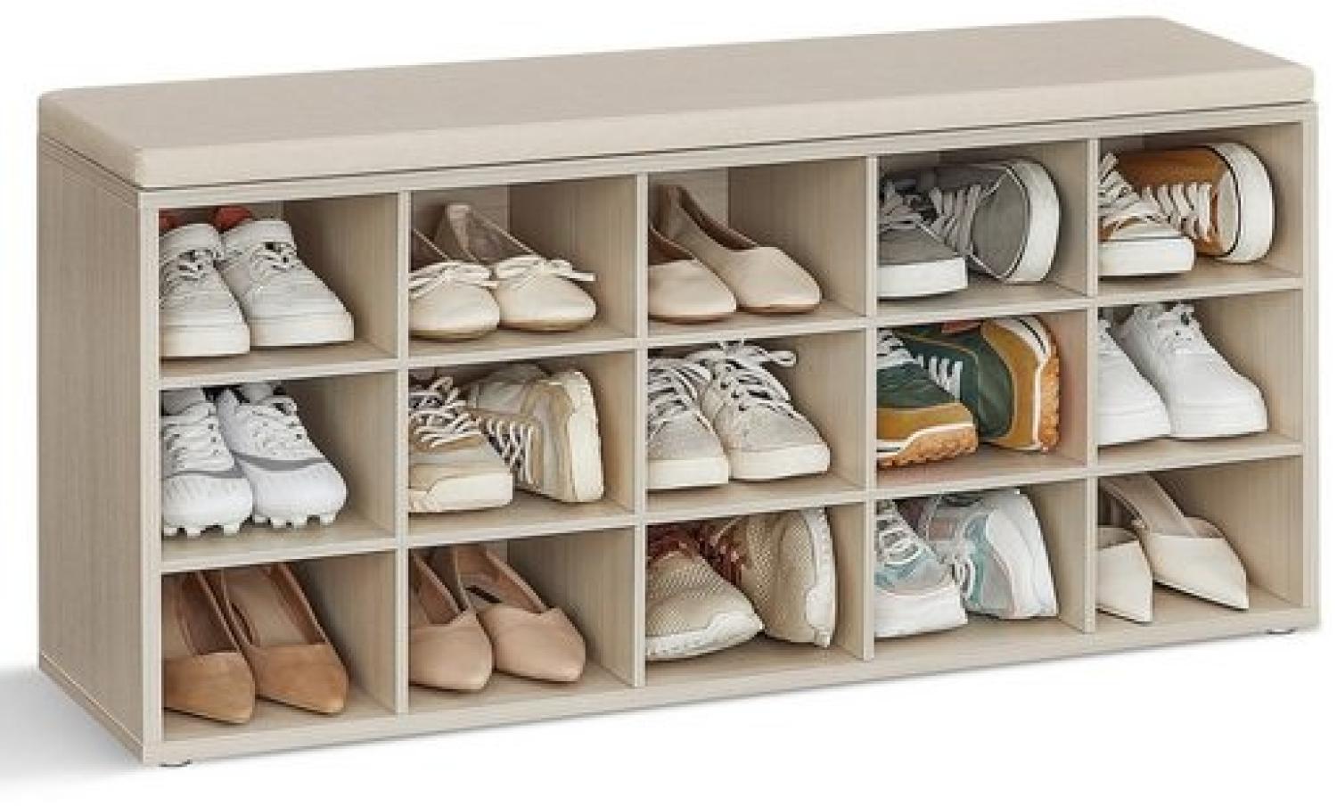 VASAGLE Schuhbank, Schuhregal mit Sitzfläche, Sitzbank mit Stauraum, Kissen, 15 Fächer, für Wohnzimmer, Flur, 30 x 105 x 48 cm, naturbeige-cappuccinobeige LHSDE015K04 Bild 1