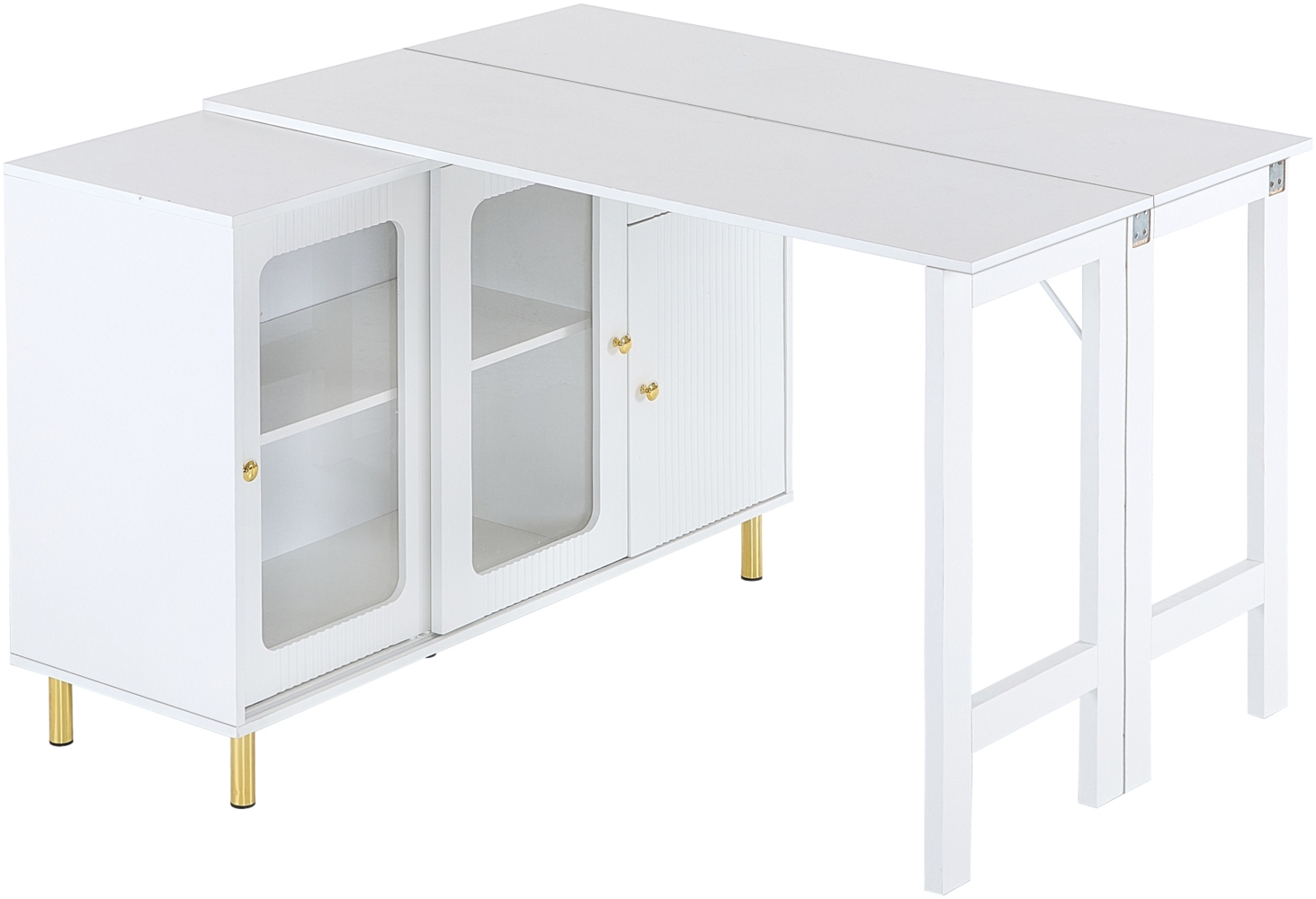 Merax weißer Buffet-Sideboard mit klappbarer und ausziehbarer Tischplatte, drehbarer Oberfläche, goldenen Metallbeinen, Glasschiebetüren und Wellenmuster Bild 1