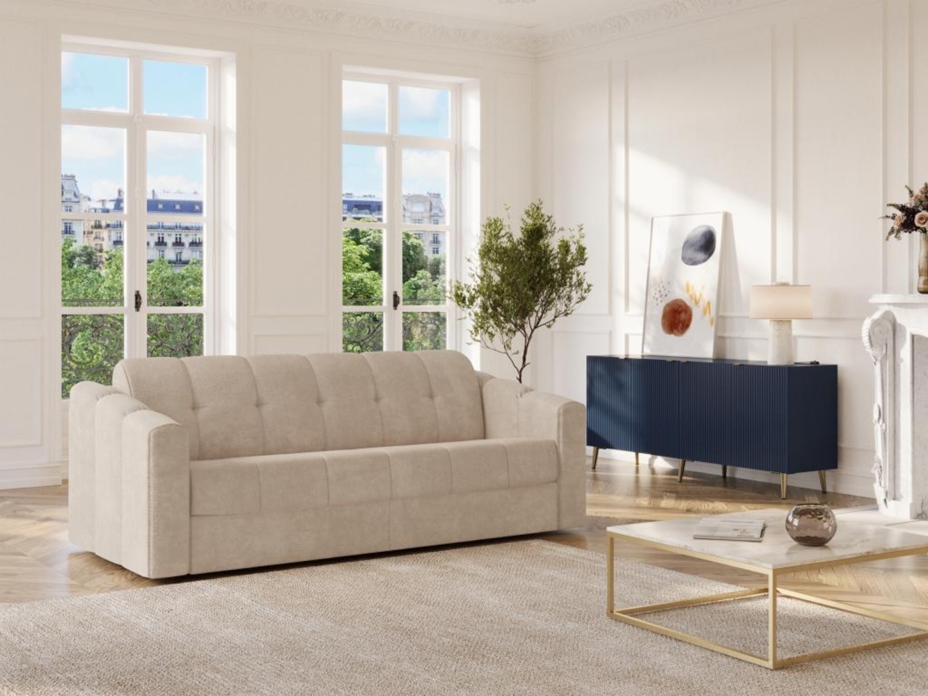 Vente-unique - Schlafsofa mit Matratze 4-Sitzer - Strukturstoff - Beige - Liegefläche 160 cm - Matratze 14 cm - DARIELO Bild 1