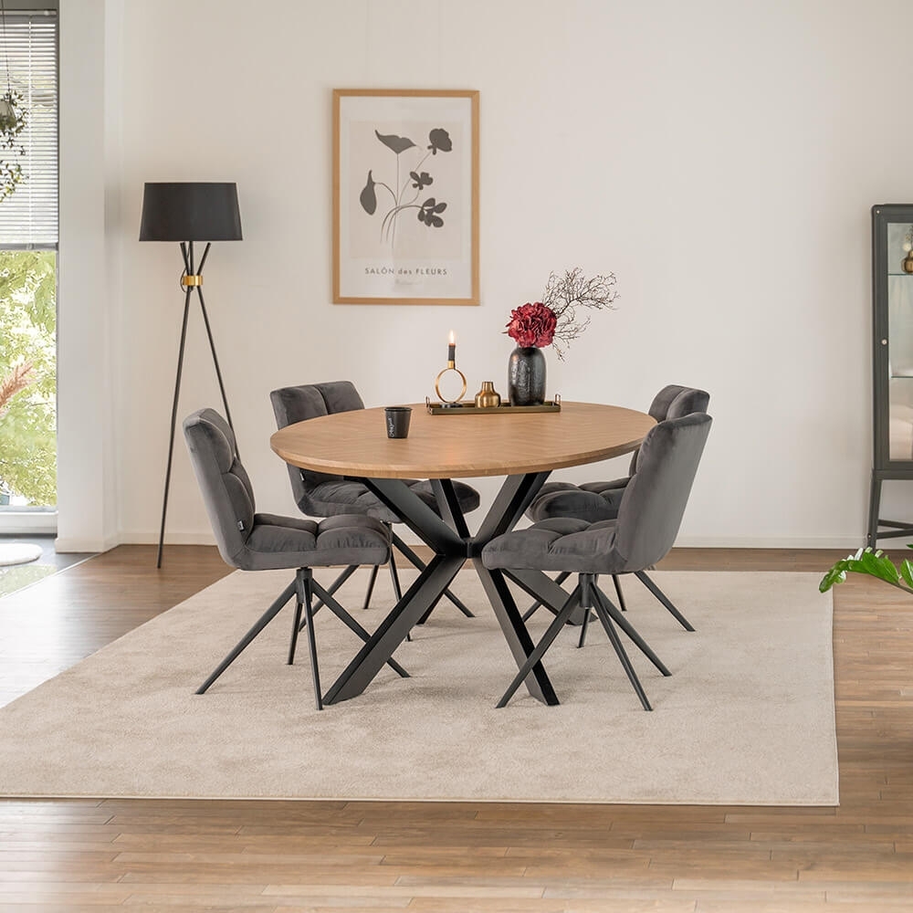 HOME DELUXE Essgruppe Oval inkl. Sternfuß - 200 x 120 cm Fishbone Oak 4 Stühle Hellgrau Bild 1