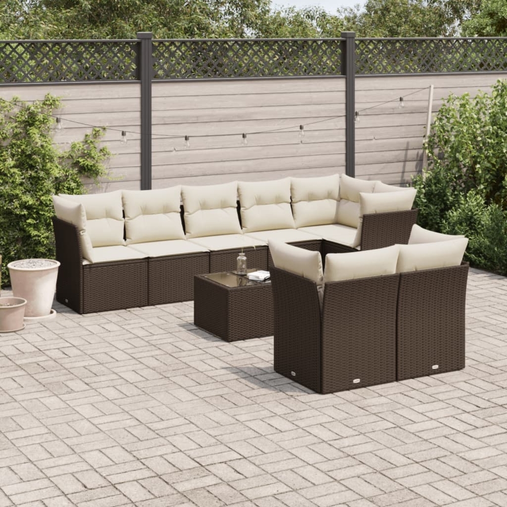 vidaXL 9-tlg. Garten-Sofagarnitur mit Kissen Braun Poly Rattan 3217923 Bild 1