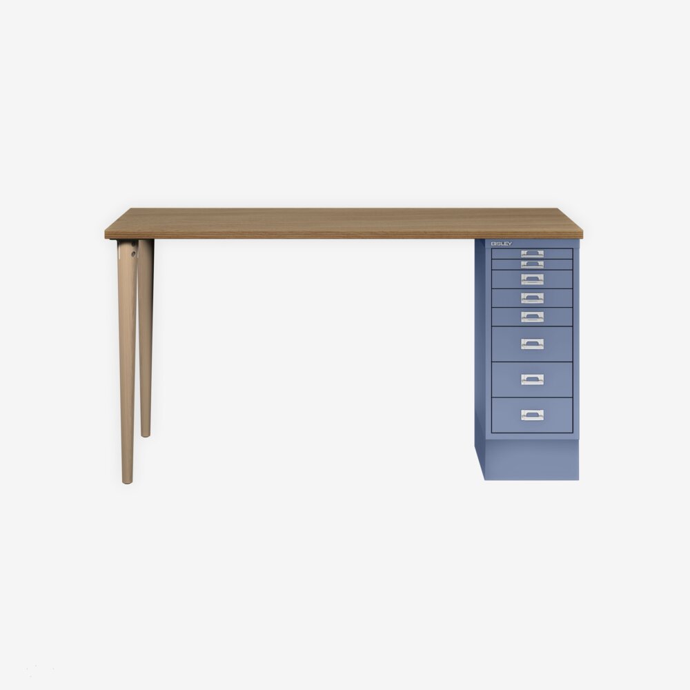 MultiDesk, 2 Eichenfüße, 1 MultiDrawer mit 8 Schüben, Dekor natürliche Eiche, Farbe Blau, Maße: H 740 x B 1400 x T 600 mm Bild 1