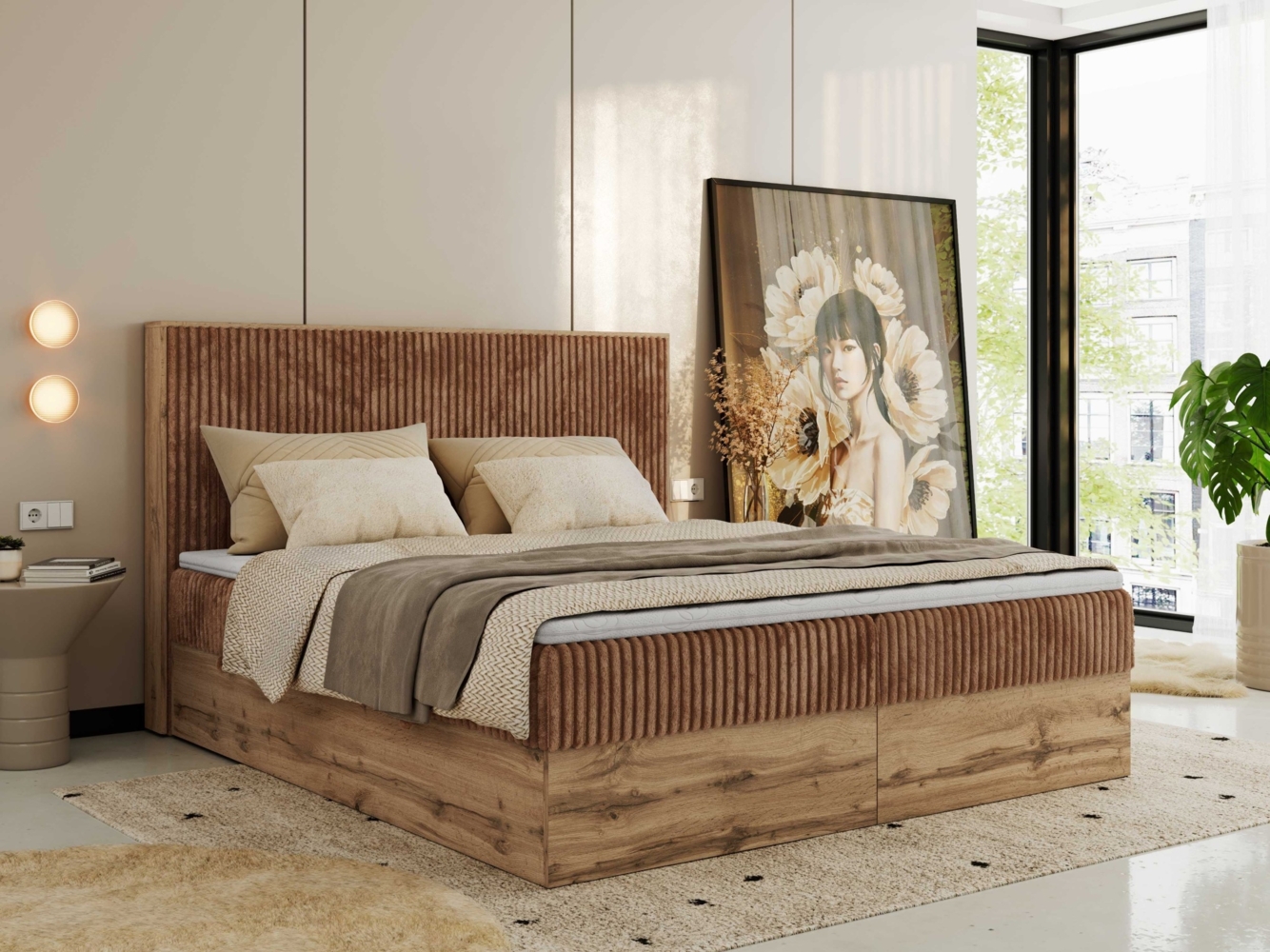 Doppelbett, Boxspringbett mit Bettkästen, Multipocket-Matratze und Topper, Set mit Kopfteil, Eiche Wotan Holzrahmen - WOOD CLASSIC - 200 x 200 cm - Orange Cord - H4 Bild 1