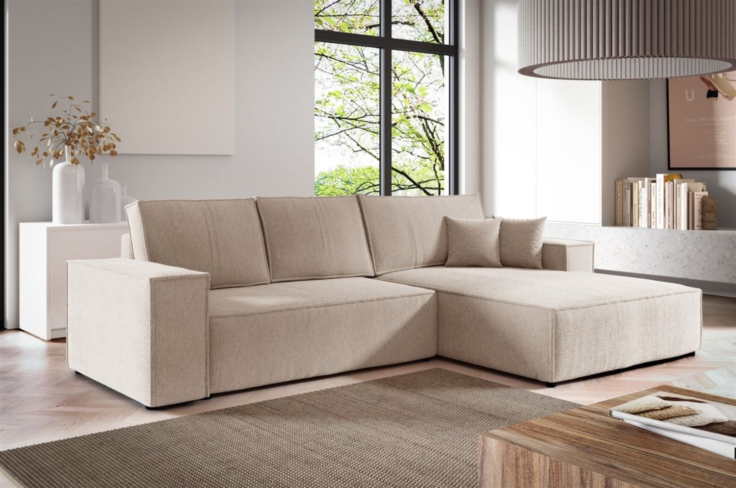 Ecksofa Schlafsofa CORUNIA Stoff Aragon Beige Ottomane Rechts Bild 1