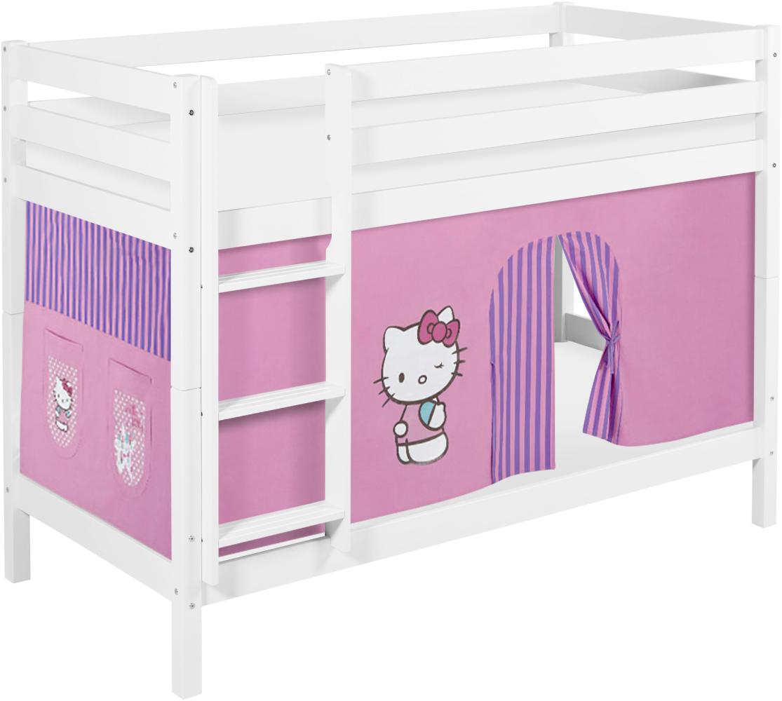 Lilokids 'Jelle' Etagenbett 90 x 190 cm, Hello Kitty Lila, Kiefer massiv, mit Vorhang und Lattenroste Bild 1