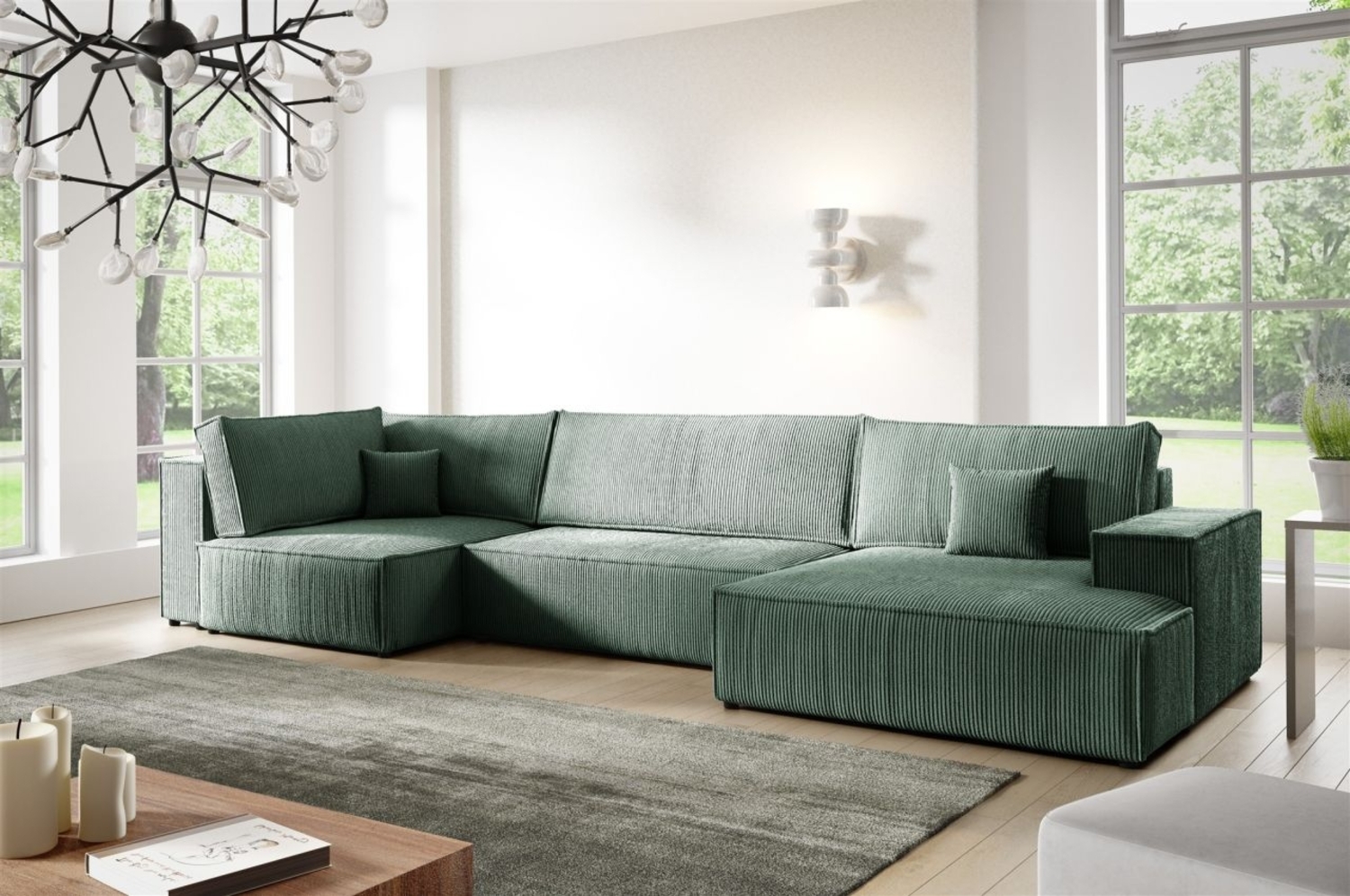 Wohnlandschaft Schlafsofa CORUNIA Stoff Poso Grün Ottomane Rechts Bild 1