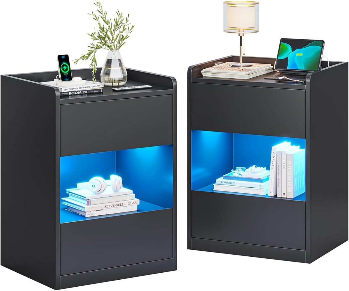 MSMASK Nachttisch mit LED-Beleuchtung und Ladestation, 40x35x60cm (2-St), Nachtschrank mit viel Stauraum Bild 1