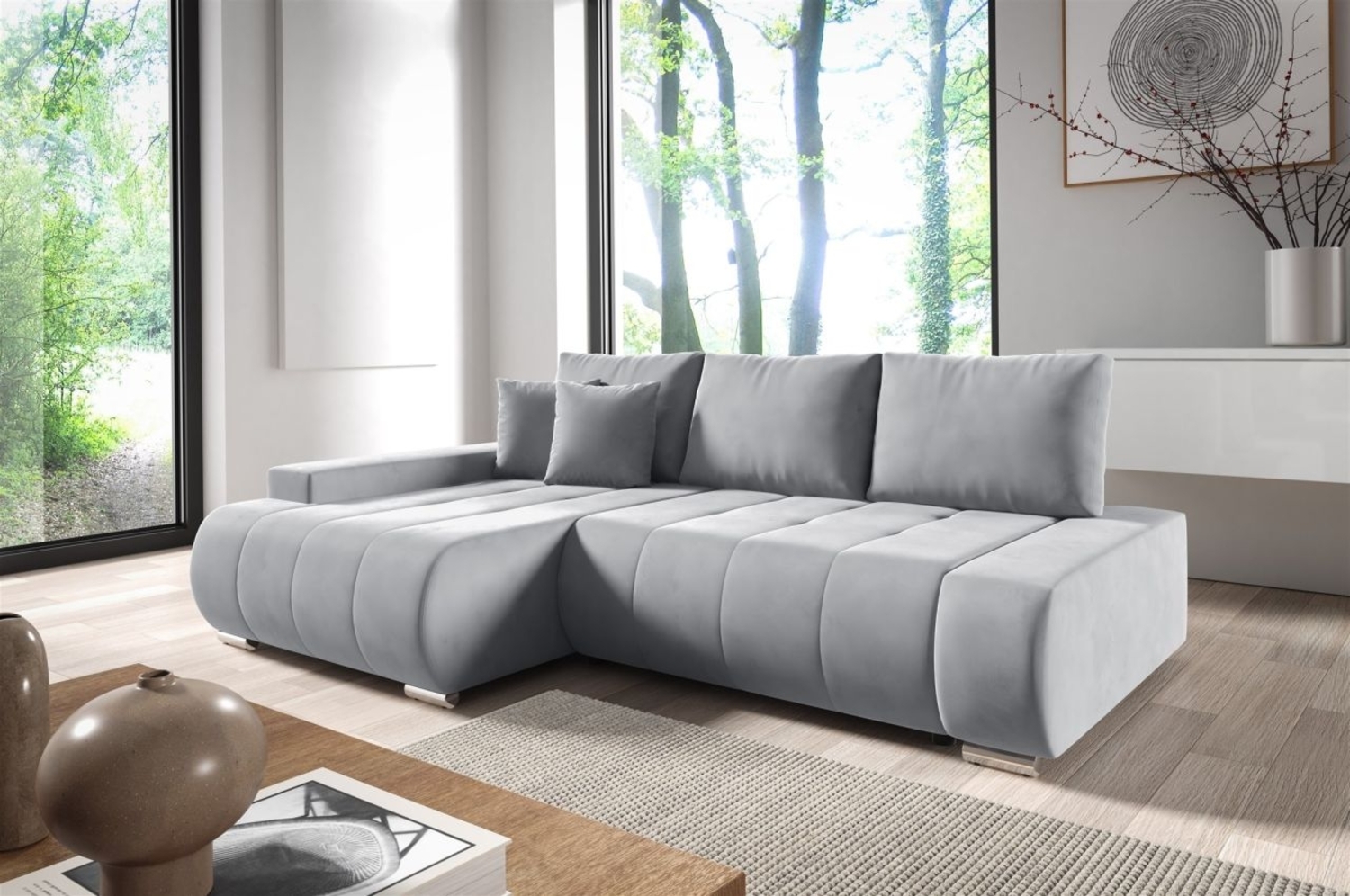 Ecksofa Schlafsofa ELMO Stoff Monolith Hellgrau Ottomane Links Bild 1