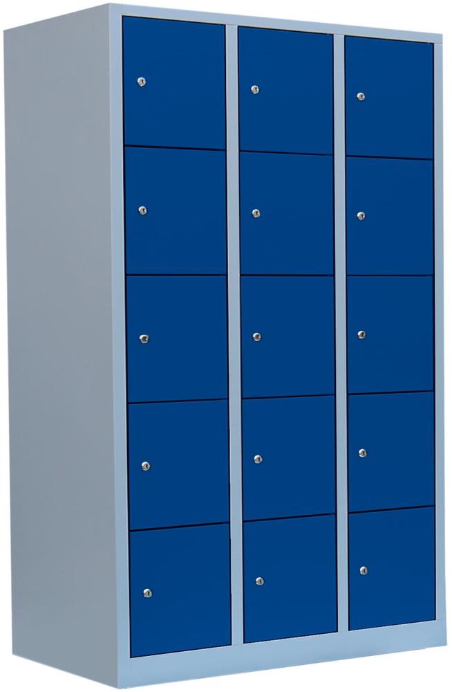 Schließfachschrank Fächerschrank Wertfachschrank Fächerschrank Metall 190 x 118,5 x 45cmm Lichtgrau/Blau 15 Fächer 3 Abteile Abteilbreite ca. 400 mm Bild 1