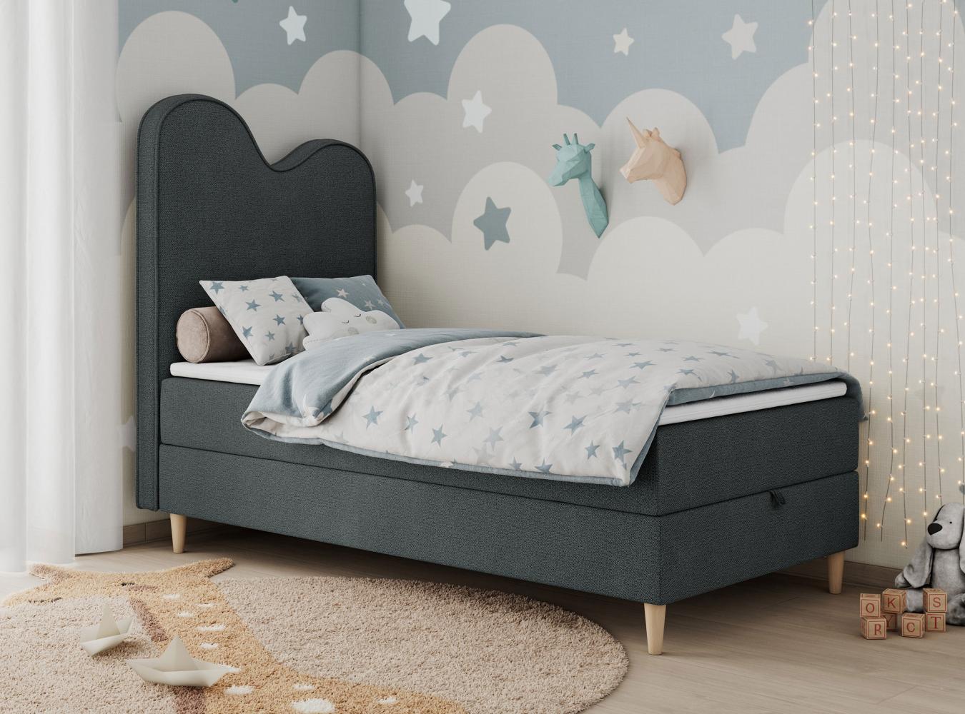 Kinderbett FLOW, Boxspringbett für Kinder, mit hohem Kopfteil, Einzelbett mit Matratze - 90x160 - Dunkelgrau Stoff - Topper Visco Bild 1