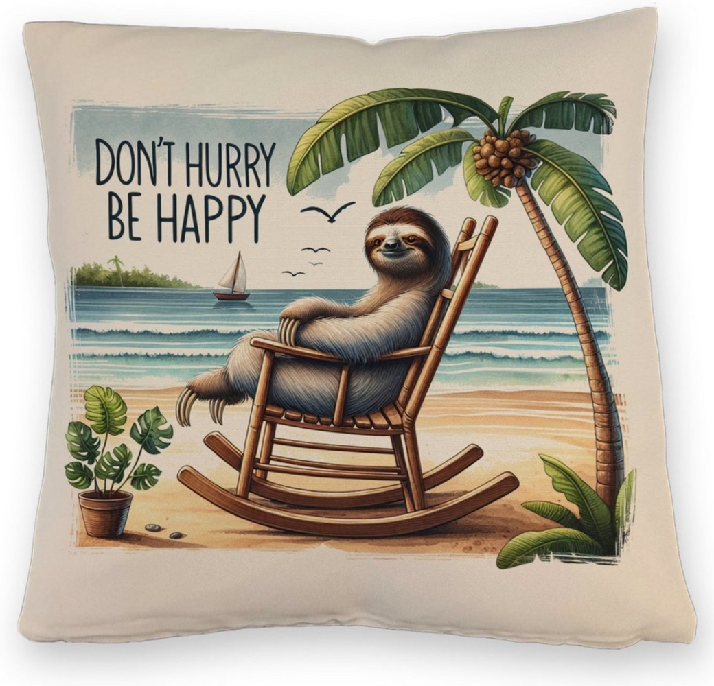 speecheese Dekokissen Faultier am Strand Kissen mit Leinenoptik Spruch Don't hurry be happy Bild 1