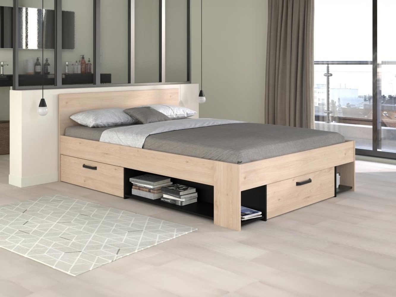 Vente-unique - Bett 140 x 190/200 mit Stauraum + Lattenrost - Holzfarben & Schwarz - KINSELIA Bild 1