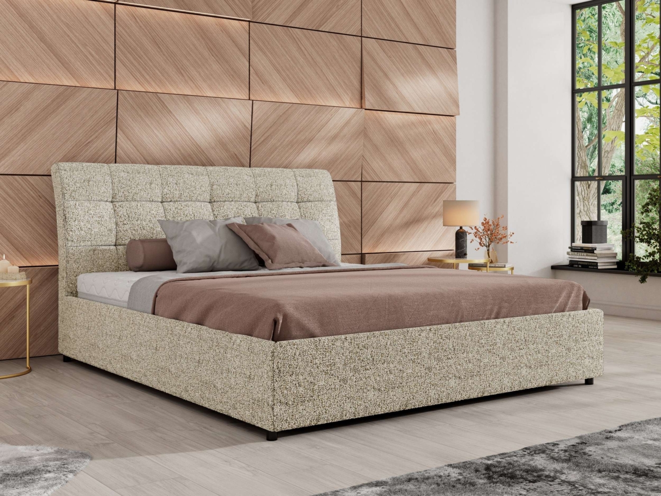 Polsterbett mit Lattenrost Gasfeder Doppelbett GALA CLASSIC gepolstert Kopfteil Bettkasten - 200x200 cm - Beige Strukture Bild 1