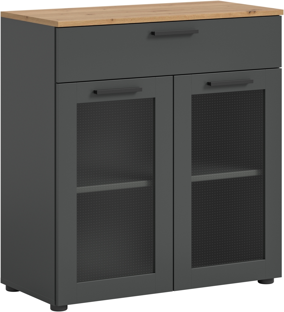 Xonox Niklas Kommode (B/H/T): 78x84x38 cm in Basalt grau mit Absetzung in Artisan Eiche und Glas Bild 1