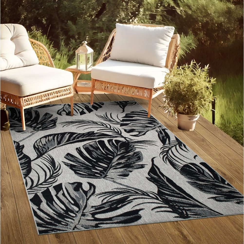 oKu-Tex Outdoorteppich PLUTUS In- & Outdoor Teppich, Flachgewebe, Sisaloptik, rechteckig, Höhe: 3 mm, florales Design Monstera, UV-Resistent, Terrasse, Küche, Grau-Schwarz Bild 1
