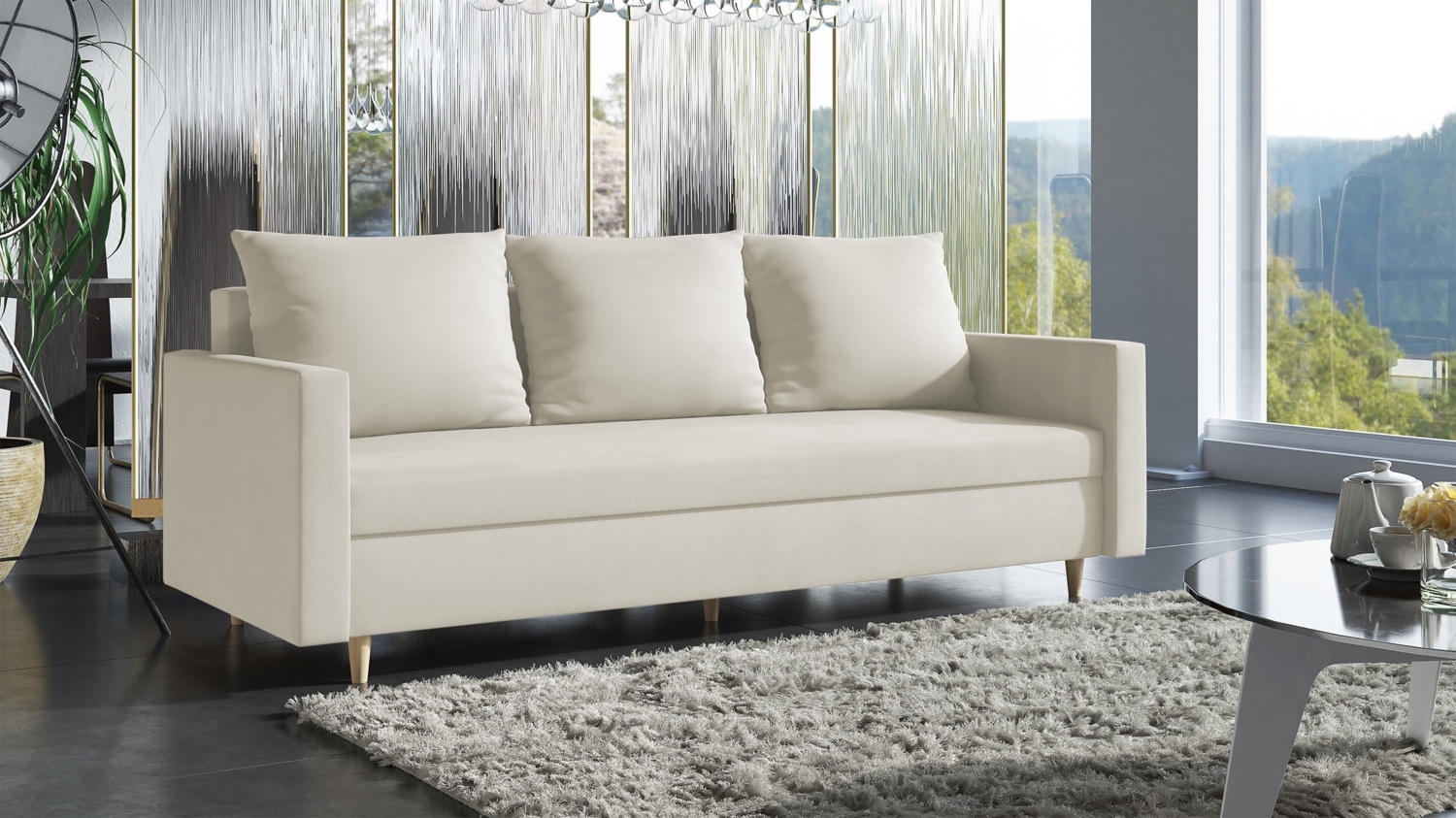 AX LIVING Hyden 3 Sitzer Sofa mit Schlaffunktion – 222 cm breit, creme Bild 1