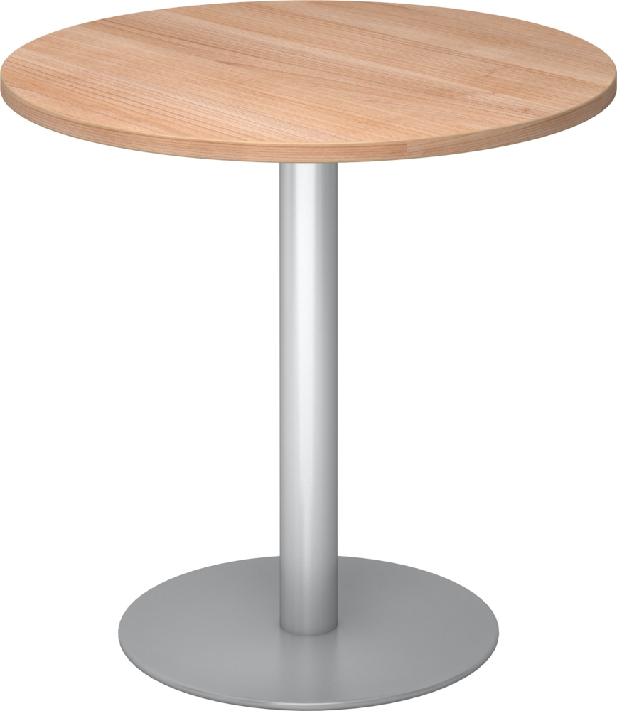 bümö Besprechungstisch, Esstisch klein, Tisch rund 80 cm - kleiner Esstisch Nussbaum, Rundtisch Esstisch 2 Personen mit Holz-Platte, Säule aus Metall in silber, Konferenztisch, Bistrotisch, STF08-N-S Bild 1