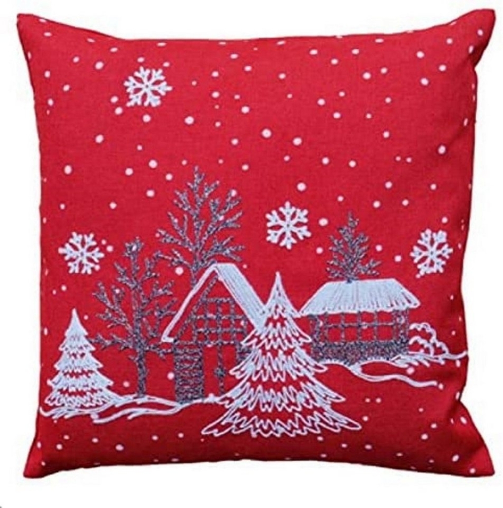 Kissenhülle Stickerei Winterdorf Weihnachten Winter rot grau 40 x 40 cm Kissenhülle - rot Bild 1