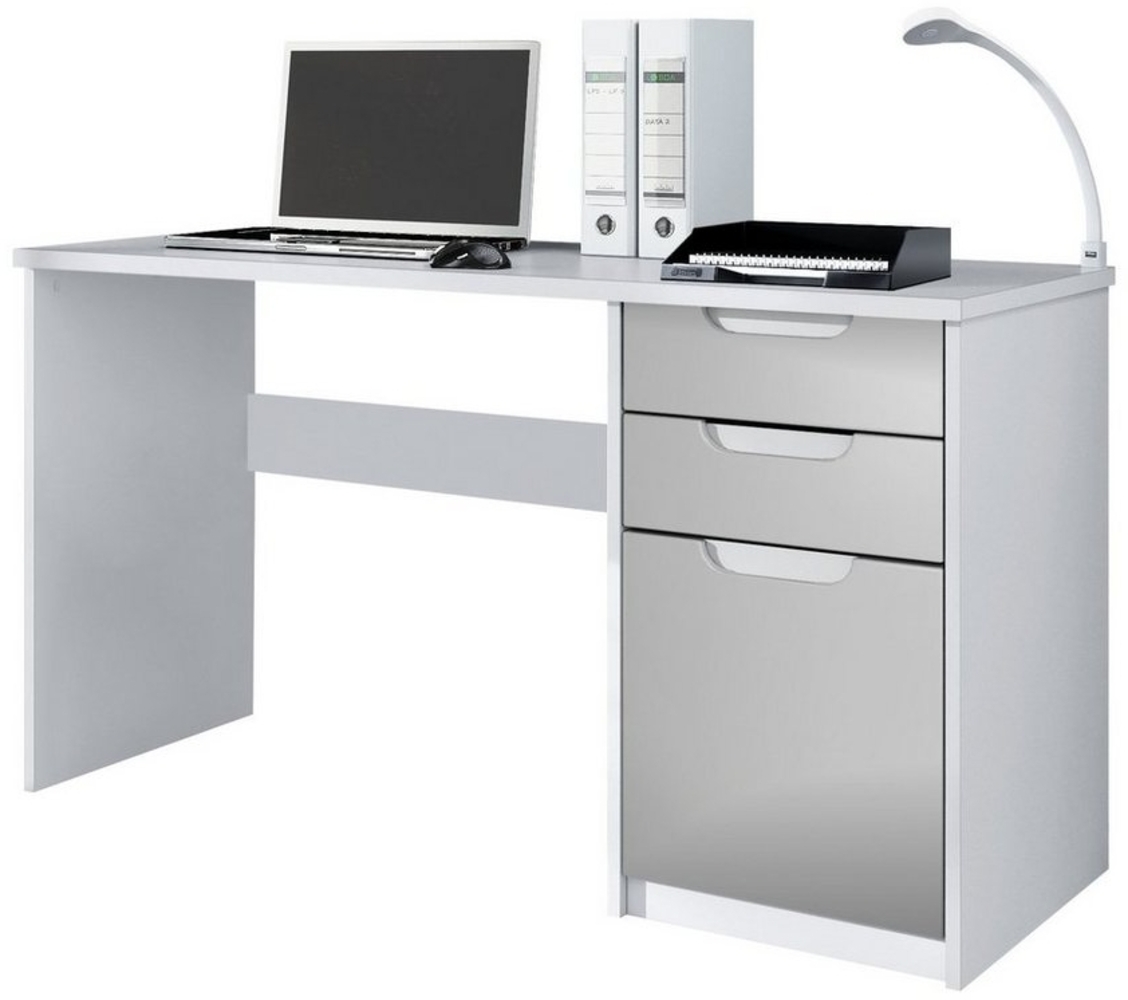 Vladon Schreibtisch Logan, Bürotisch mit 2 Schubladen und 1 Tür, Weiß matt/Hellgrau Seidenmatt (129 x 76 x 60 cm) Bild 1