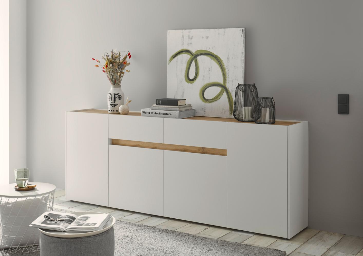 Sideboard 220x87 cm Eiche Weiss 4-türig + 2 Schubkästen BOSTON Bild 1