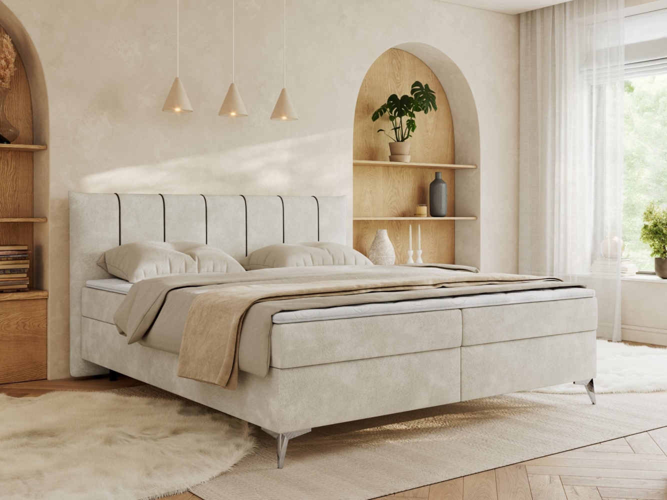 Doppelbett, Boxspringbett auf Metallbeinen, Bonell-Matrtazen und Topper, Polsterbett mit zwei Bettkästen, dekoratives Kopfteil - DRINEA - 140 x 200 cm - Hellbeige Velours - H3 Bild 1