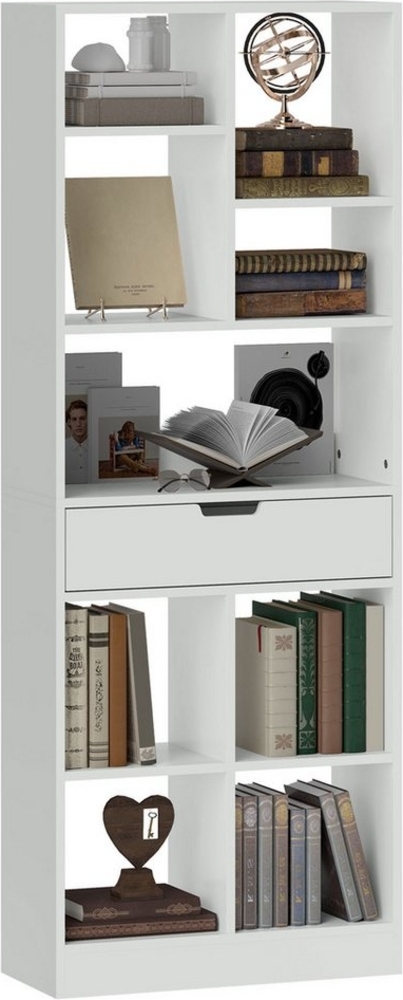 HOMCOM Bücherregal mit 9 Regalen, 1 Schublade, mit Anti-Kippsicherung, Standregal 1-tlg, für Wohnzimmer, Büro, 60 x 26 x 158 cm, Weiß Bild 1