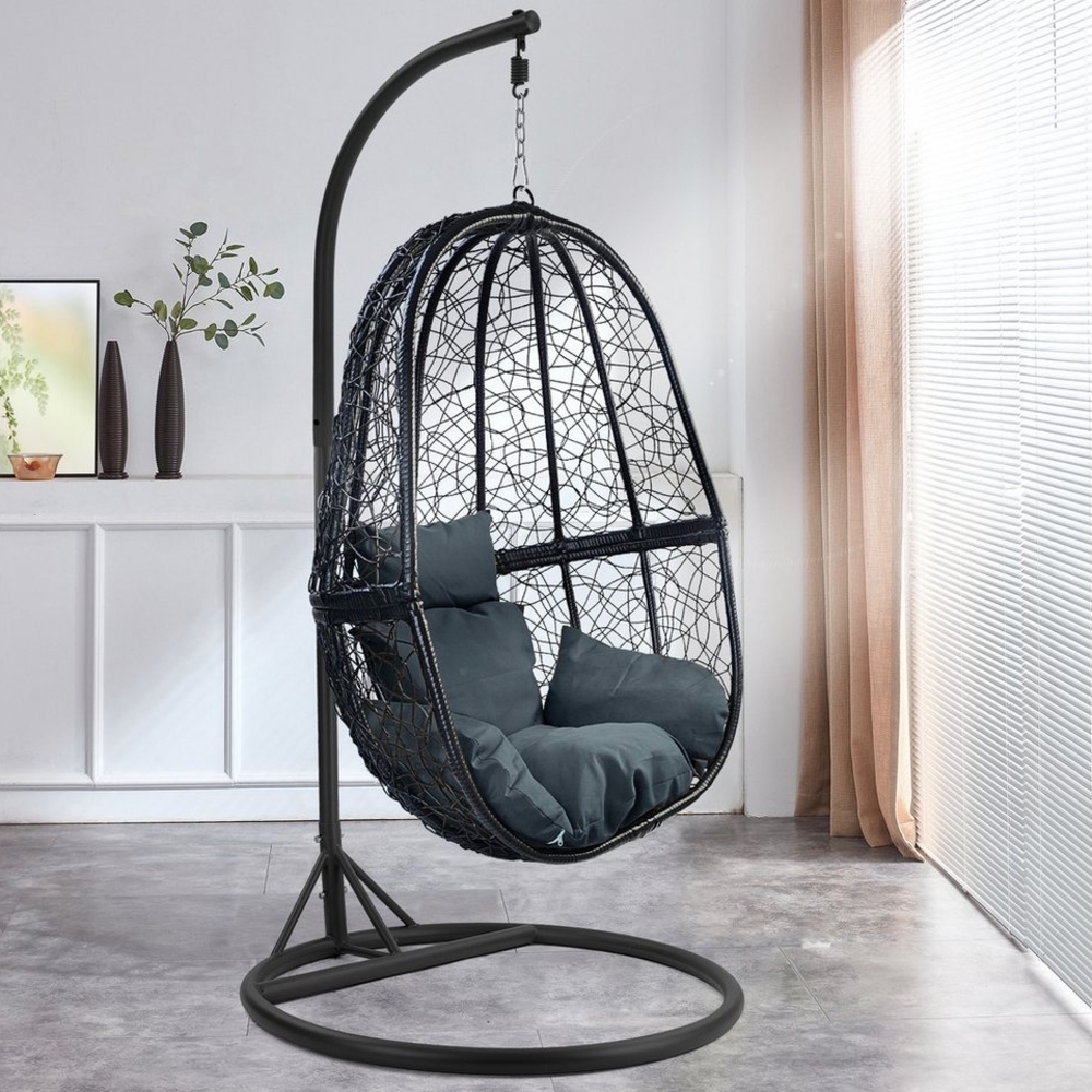Luxus Hängesessel FUN XL Gestell Schwarz mit Korb Schwarz und Kissen Dunkel Grau Bild 1