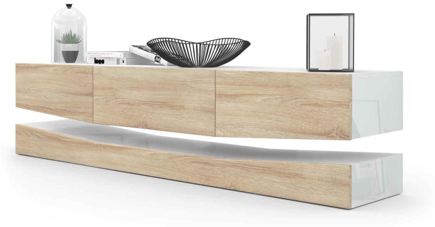 Vladon Lowboard City, TV-Kommode mit Sockelelement, 1 offenem Fach und 3 Schubkästen, Weiß Hochglanz/Eiche Sägegrau (178 x variabel x 39 cm) Bild 1
