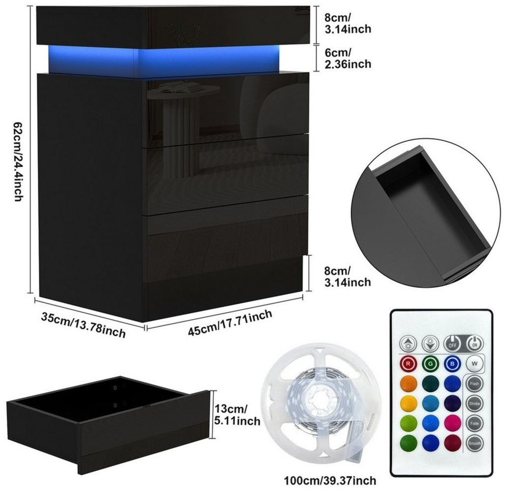 JEOBEST Nachttisch Nachtschrank mit 3 Schubladen, Beistelltisch mit Led Licht, für Wohnzimmer, Schlafzimmer Bild 1