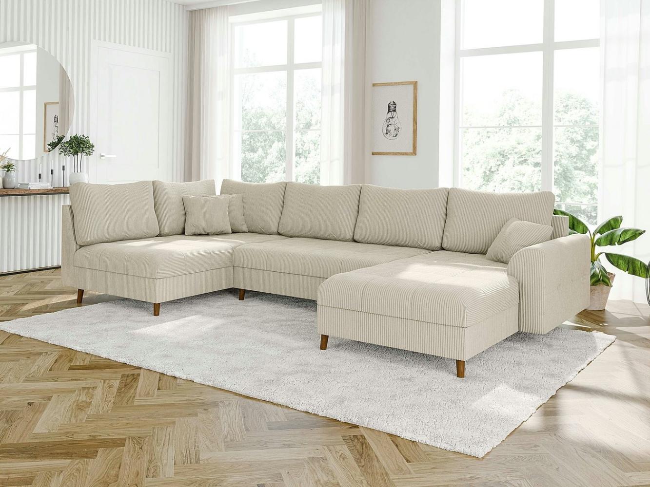 S-Style Möbel Wohnlandschaft Zara mit Braun Holzfüßen im skandinavischen Stil aus Cord-Stoff, Ottomane links oder rechts bestellbar, mit Wellenfederung Bild 1