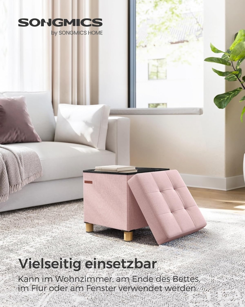 Songmics Sitzhocker mit Stauraum, kleine klappbare Sitzbank, 38x38 cm Fußbank, Aufbewahrungsbox, bis 300 kg belastbar, für Wohnzimmer Schlafzimmer Schlafsaal, Rosa Bild 1