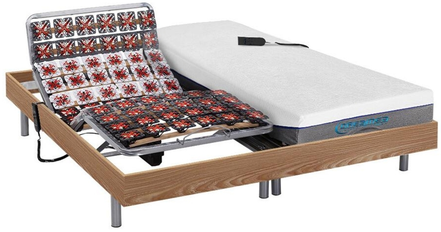 Relaxbett elektrisch mit Tellermodulen + Matratzen mit Memory Schaum - 2 x 90 x 200 cm - Eichefarben - HESIODE III von DREAMEA Bild 1