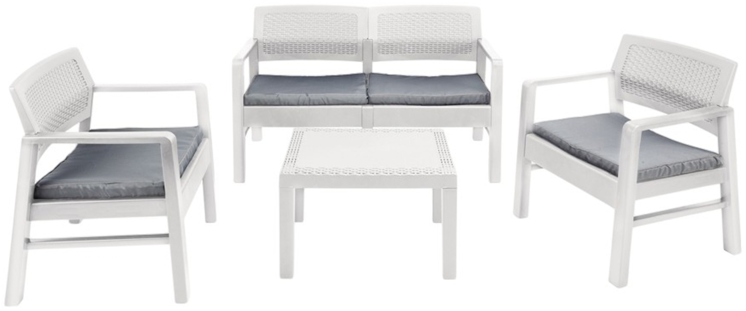 Dmora Outdoor-Lounge-Set Agnelo, Gartenkomposition mit 2 Sesseln, 1 Sofa und 1 Couchtisch, Lounge in Rattan-Optik mit Kissen, 100 % Made in Italy, Weiß Bild 1