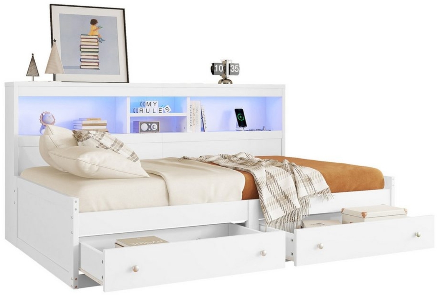 OKWISH Kinderbett Stauraumbett Schlafsofa Tagesbett Daybett Einzelbett Gästebett (USB-Anschlüsse und LED-Beleuchtung, Bett mit Schubladen und Lattenrost, Spanplatte, 90x200 cm), ohne Matratze Bild 1