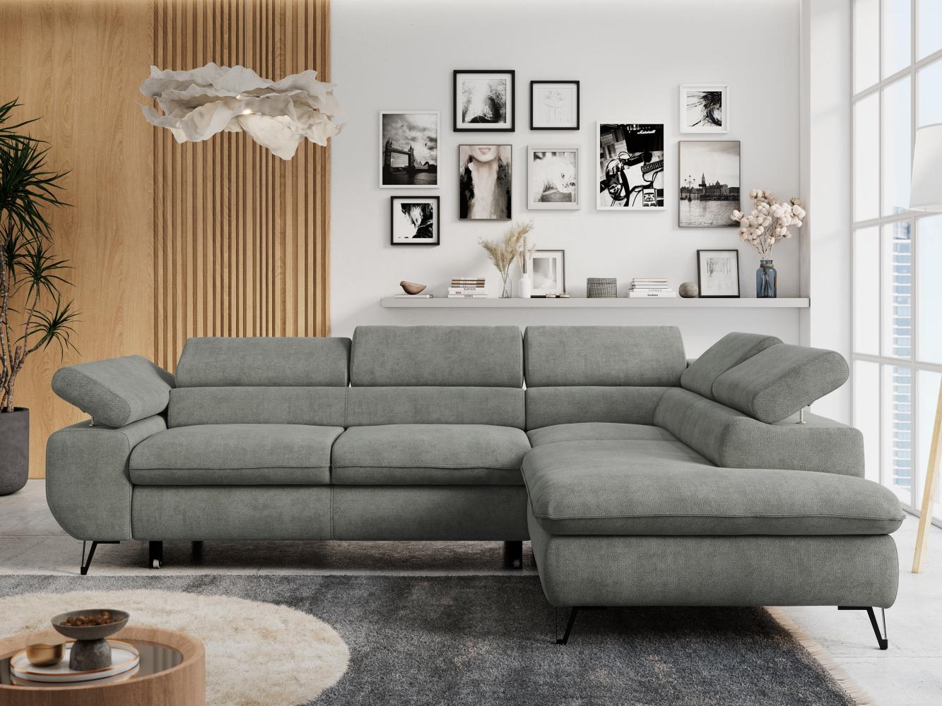 Ecksofa mit Bettfunktion, Modern Sofa, L-form, Einstellbare Kopfstützen, Bettkasten, PETER, 1x Ecksofa, 1x Topper, Grau, Stoff, rechts Bild 1