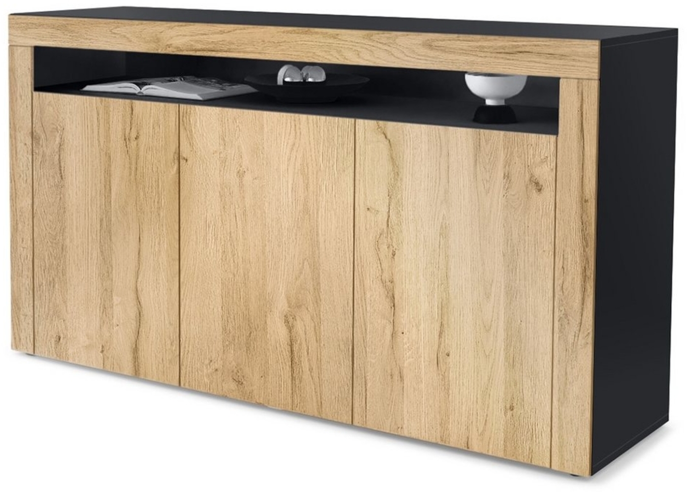 Vladon Sideboard Valencia, Kommode mit 3 Türen und 1 offenem Fach, Schwarz matt/Eiche Natur/Eiche Natur (155 x 92 x 40 cm) Bild 1