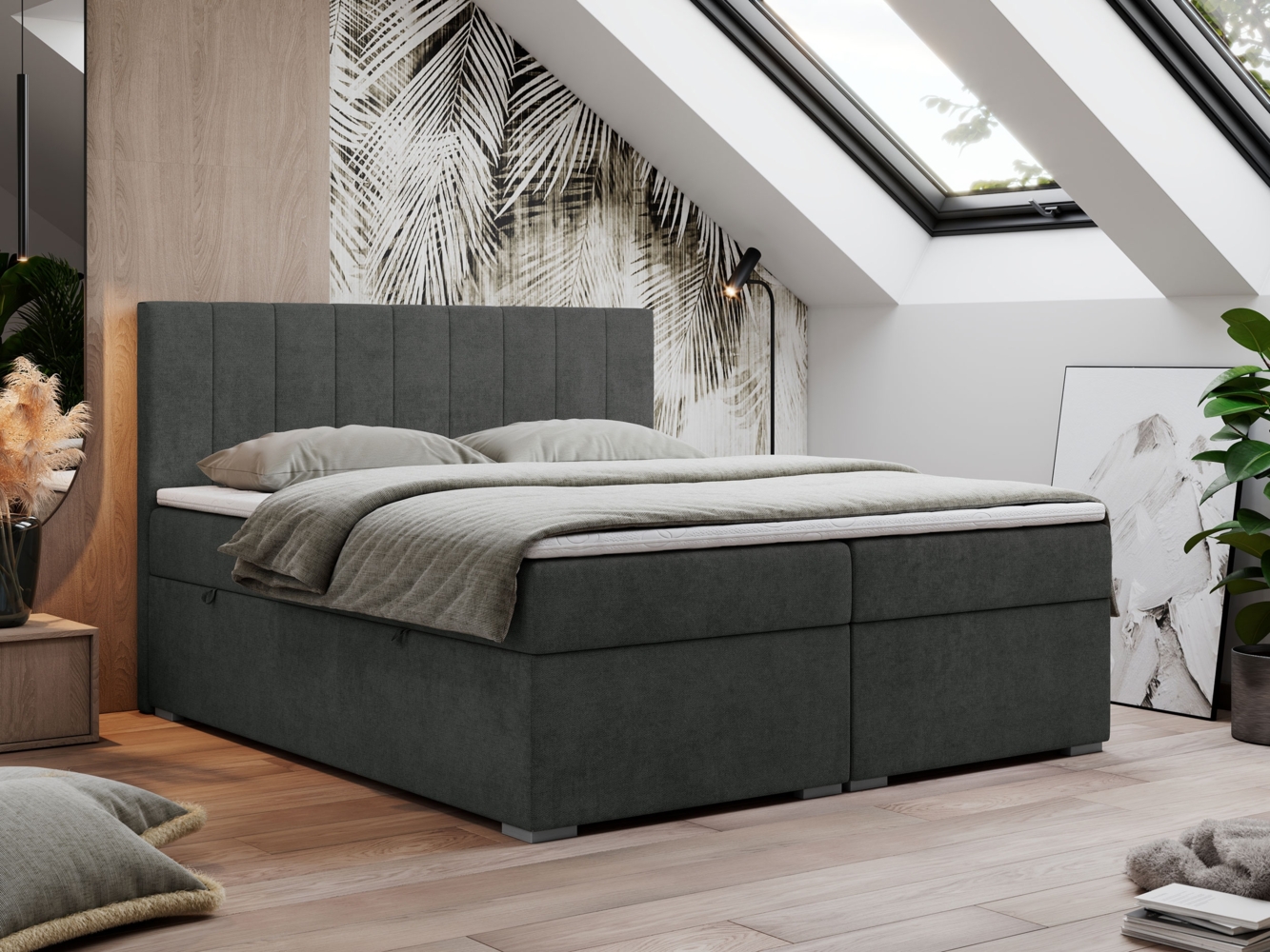 Boxspringbett, Matratze und Topper, zwei Bettkästen - LOPE - 200x200cm - Dunkelgrau Stoff - H4 Bild 1