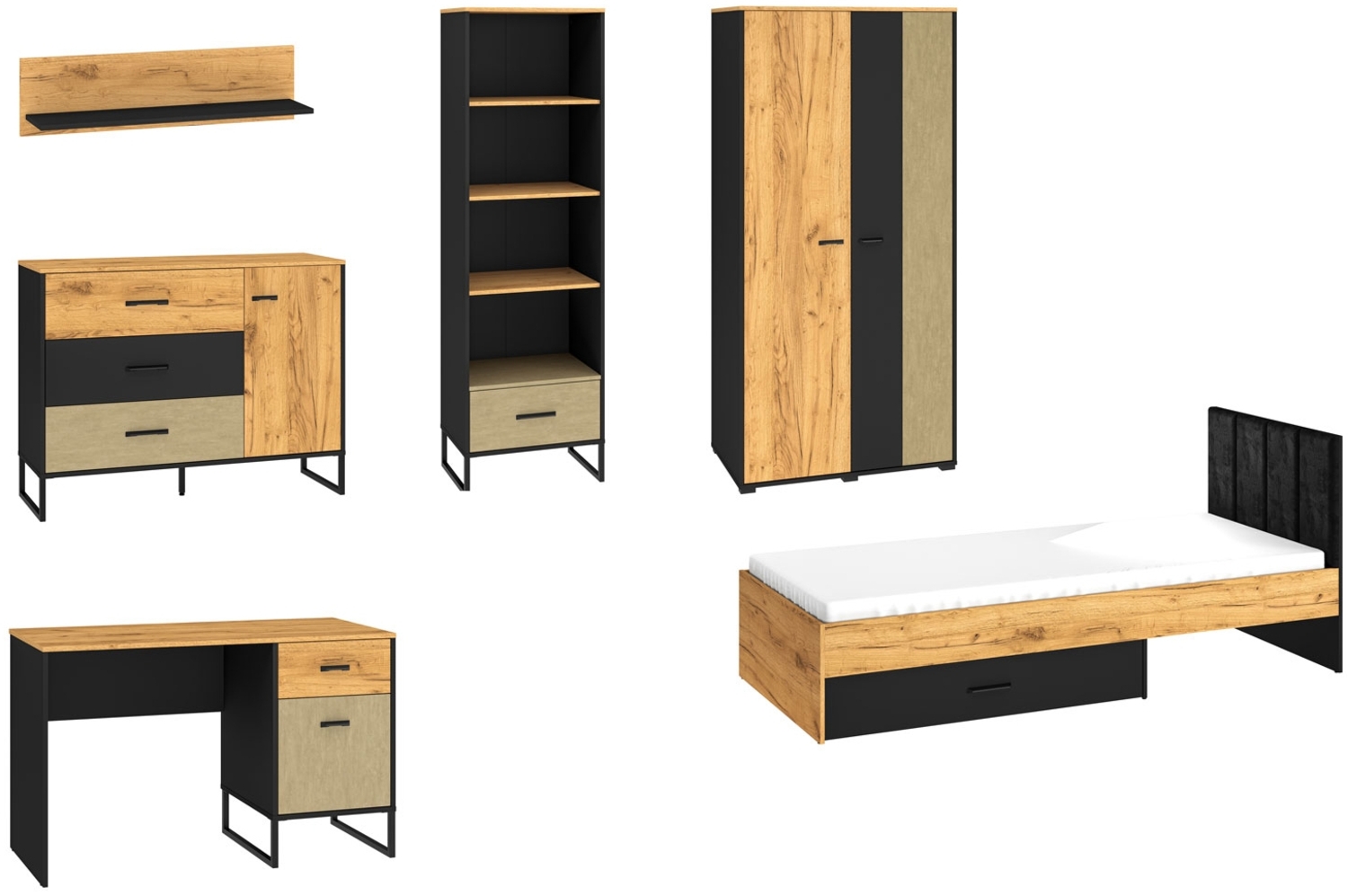 Jugendzimmer-Set Kinderzimmer Colt 6-teilig schwarz Craft Gold Eiche Premium Steel Bild 1