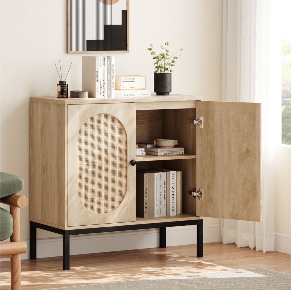 GarveeMore Sideboard Küchenschrank,mit 2 Türen aus Rattan, Kommode,mit Einlegeboden,Buffetschrank,83x80x40cm Bild 1