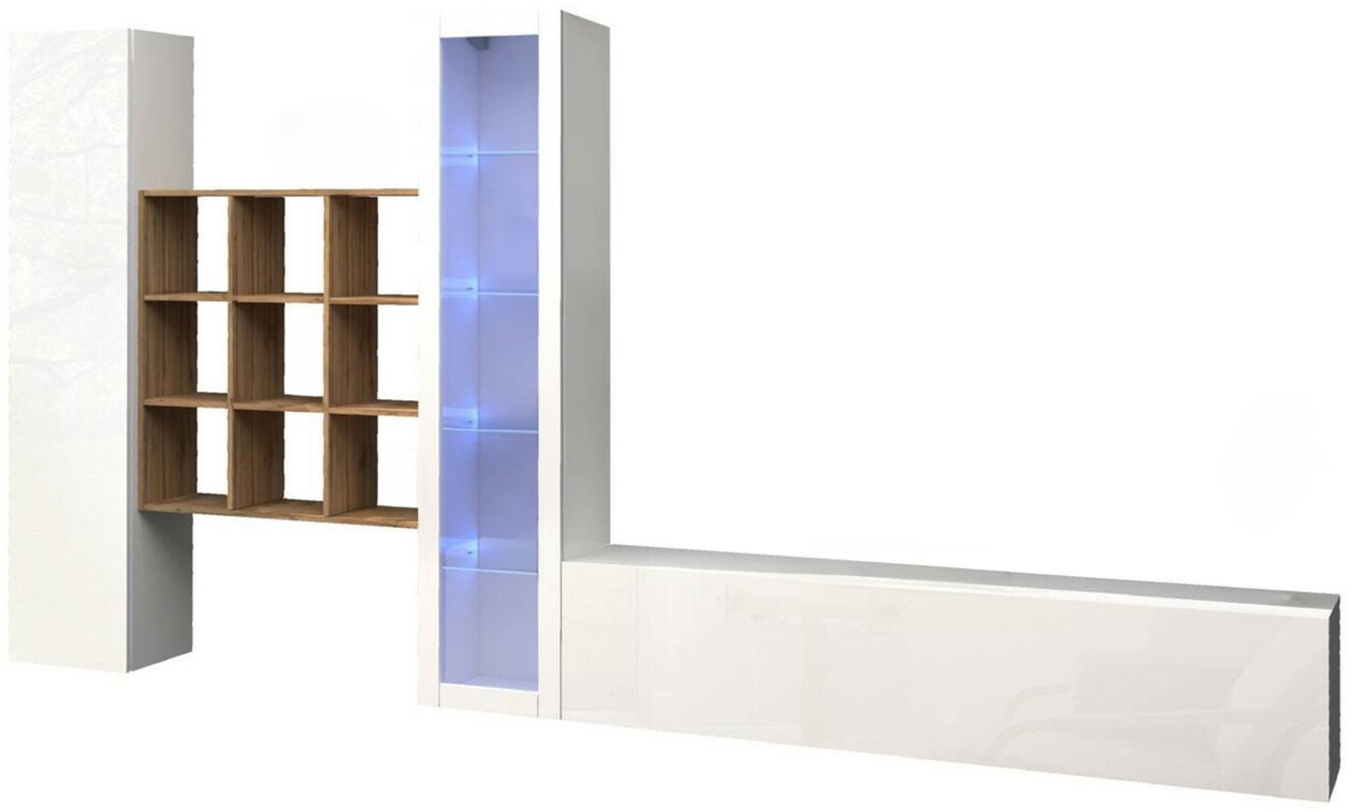 Dmora Ausgestattete Wand Arizzano, 3-türiges TV-Ständer-Wohnzimmerset, Mehrzweck-Wohnzimmermöbel mit Vitrine und LED-Licht, 100 % Made in Italy, 310 x 30 x 180 cm, glänzendes Weiß und Ahorn, Bild 1