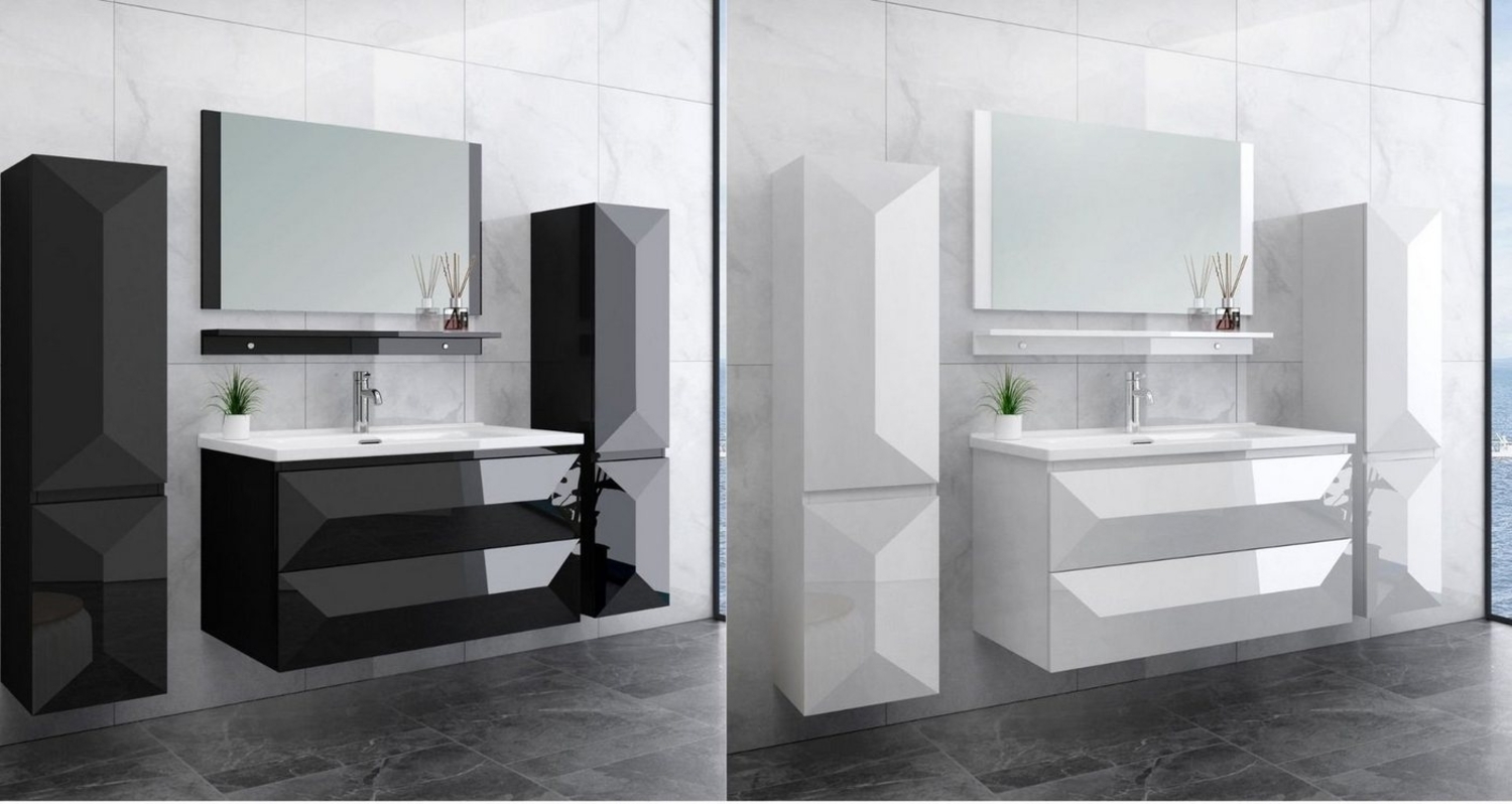 Badmöbel Set 90cm Miran Schwarz Hochglanz Keramik Becken Spiegel Badezimmermöbel 1x Seitenschrank Rechts, 1x Waschbeckenunterschrank, 1x Spiegelablage, 1x Spiegel Bild 1