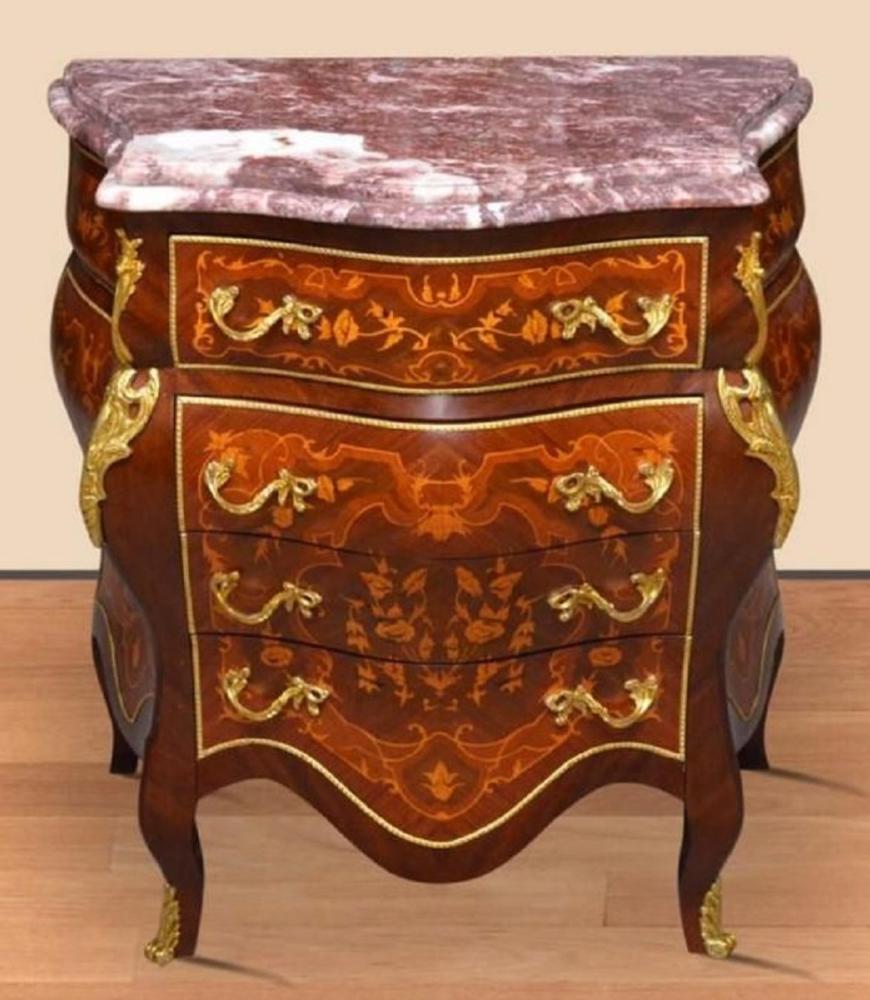 Casa Padrino Barock Kommode Braun Intarsien / Gold / Rot - Handgefertigte Antik Stil Kommode mit 4 Schubladen und Marmorplatte - Barock Möbel Bild 1